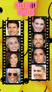 This image shows a photo reel of famous Celebrities who have gotten Dental Treatment done to improve their smiles.The celebrities shown in the reel are Tom Cruise, Morgan Freeman,Miley Cyrus,Jim Carrey, Victoria Beckham,Katie Homes,Zac Efron and Christiano Ronaldo.On the top part of the image has the text "Celebrity Smiles"written in glowing pink.