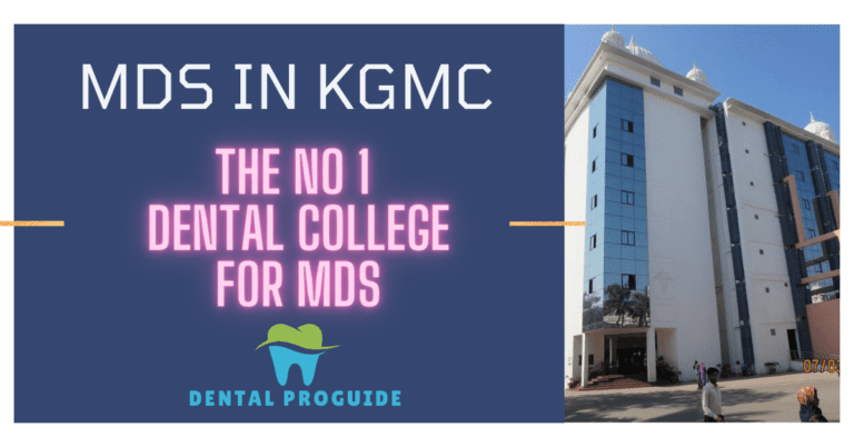 Mds in KGMC is a dream for so many dentists. The image shows the building of Kgmu on the right side of the screen.The left side contains the text "Mds in KGMC"written in white and below it written in glowing pink"The No 1 Dental College for MDS".Below that is the logo of the website dentalproguide.com.