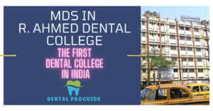 The image shows the building of R. Ahmed Dental College on the right side of the screen.The left side contains the text "Mds in R. Ahmed Dental College " written in white and below it written in glowing pink"The First Dental College in India".Below that is the logo of the website dentalproguide.com.