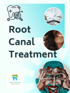 The image has the text "Root Canal Treatment" written in the centre.The background is light blue and white.The upper left corner has an animated image of a tooth.The lower left corner has the logo of the website dentalproguide.com. The upper right corner has a circular picture of a dental clinic below that is a picture of a women with a beautiful smile and below that is a larger picture of a person holding his head in severe tooth pain.