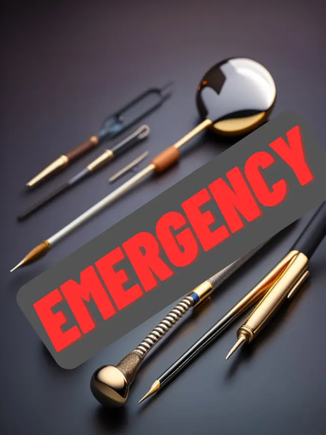 The image shows dental instruments in the background and with red bold alphabets the text "Emergency" is written.