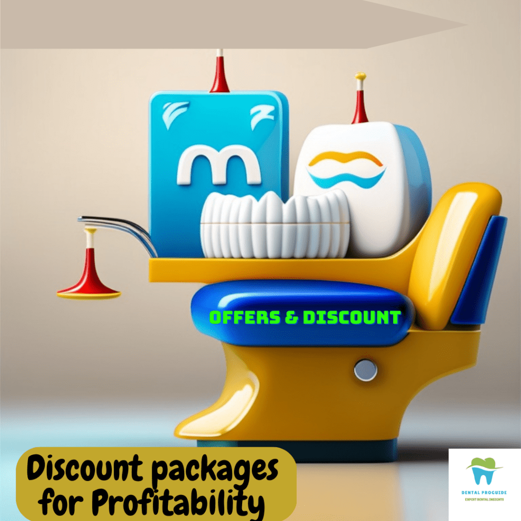 Dental offers ,discounts and packages are a powerful tool to build a successful dental practice.The image shows a dental chair with dental products and the text " Offers and Discount" written on the chair.The text " Discount Packages for Profitability"is written below.with the logo of the website dentalproguide.com.