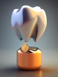 The image shows a tooth shaped structure and below it is a pot filled with coins suggesting earning from dentistry as a profession.