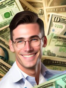 The image shows a happy looking and Wealthy dentists with money in the background.