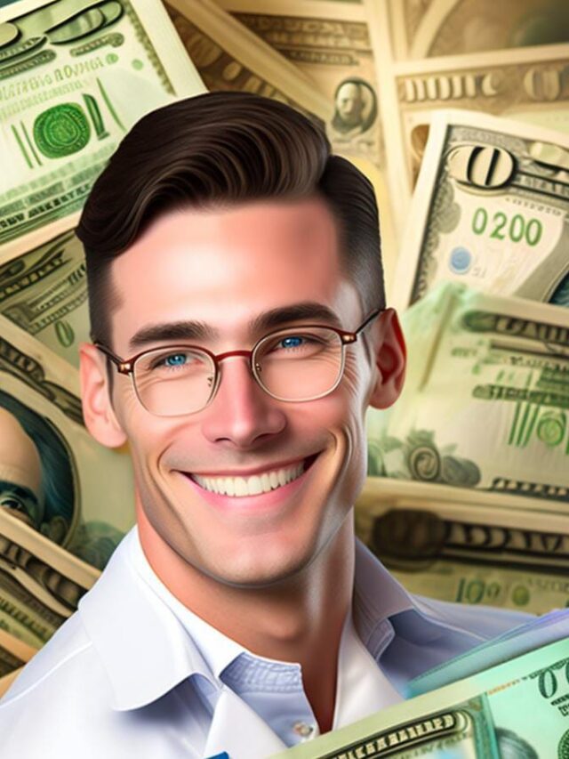 The image shows a happy looking and Wealthy dentists with money in the background.