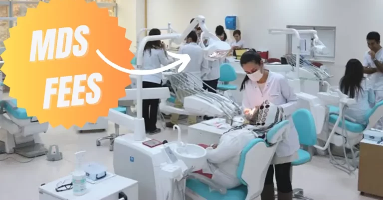 The image shows dental students in a college dental room practicing Dentistry.The text mds fees in private colleges is written with white on a yellow background.