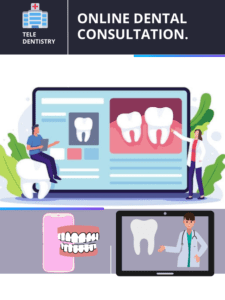 What is Teledentistry is depicted in this image."Online dental consultation " text is written on top and below are animated images of patients teeth seen on computer and phone screens.