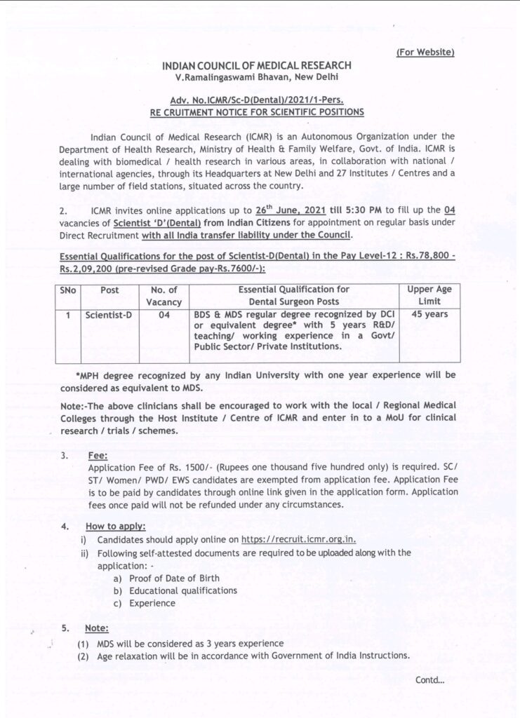 Notification for Regular Job at ICMR Dental Research page 1