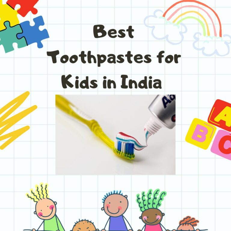 The image shows a toothbrush with toothpaste in the centre and animated happy children,a rainbow,alphabets and colourful children blocks on the side.The text "Best Toothpastes for Kids in India " is written in the upper part of the picture.