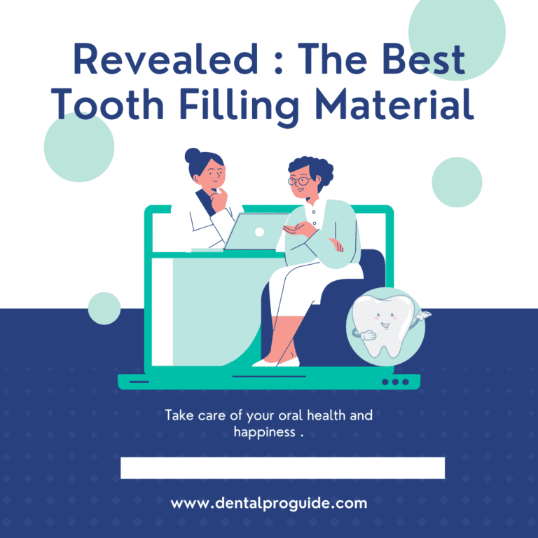 The image contains the text "Revealed : The Best Tooth Filling Material " written on top.An animated image of a dentist explaining a patient is in the centre with a logo of a tooth.The text " Take care of your oral health and happiness ." is written below the animated image .The website name www.dentalproguide is mentioned below this text.