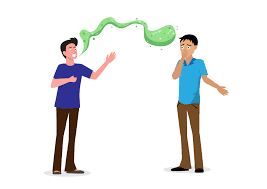 A boy wearing a purple t-shirt suffering from bad breath problem standing next to another boy in blue t-shirt who is covering his nose due to the smell.The background is white and the smell is depicted in green smoke.