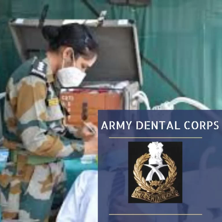 A dentist wearing Indian army uniform and treating a patient on the dental chair .The text "Army Dental Corps"is written in white bold alphabets and the insignia of the army dental corps can be seen in the bottom right part of the frame.