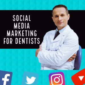 The image shows a dentist wearing white coat with arms crossed .The text "Social media marketing for dentists" is written with white on back and blue background.The lower part shows ligis of social media platforms like Facebook, Twitter, Instagram and YouTube.