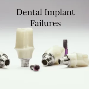 An image of components of dental implants and the text" Dental implant failures" written on top