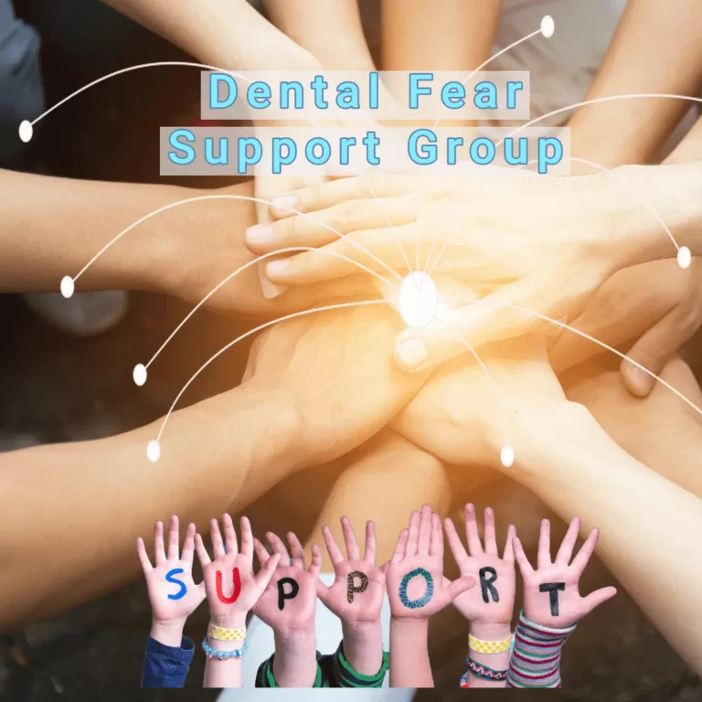 Background image is of many hand joined together in the centre and the text "Dental Fear Support Group" written on top with blue colour.On the bottom part there are children's raised hands with alphabets of the word support written on their palms